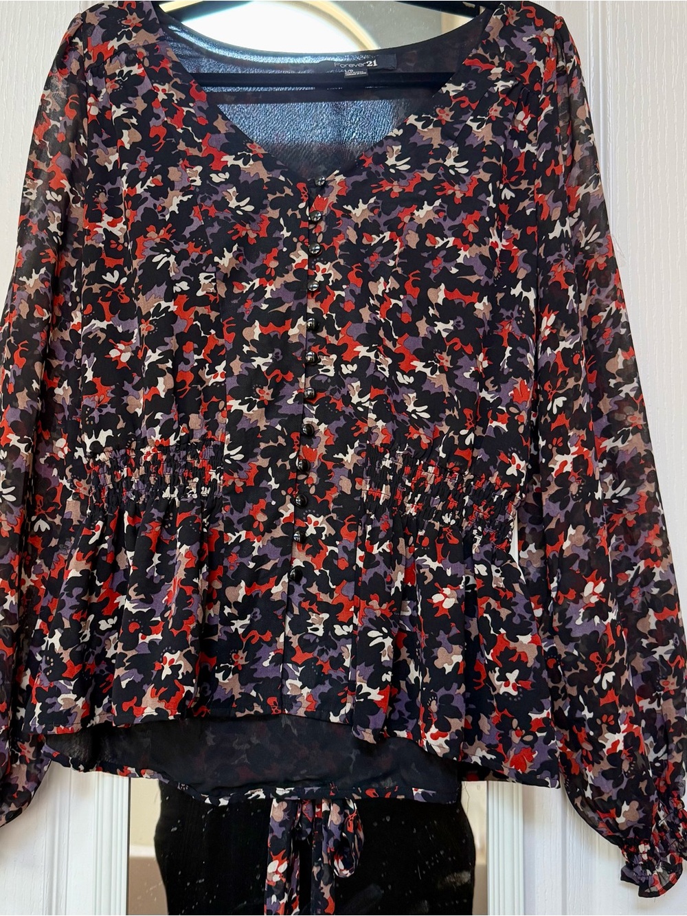 Forever 21 Black Red Purple Floral Button-Front Peplum Blouse